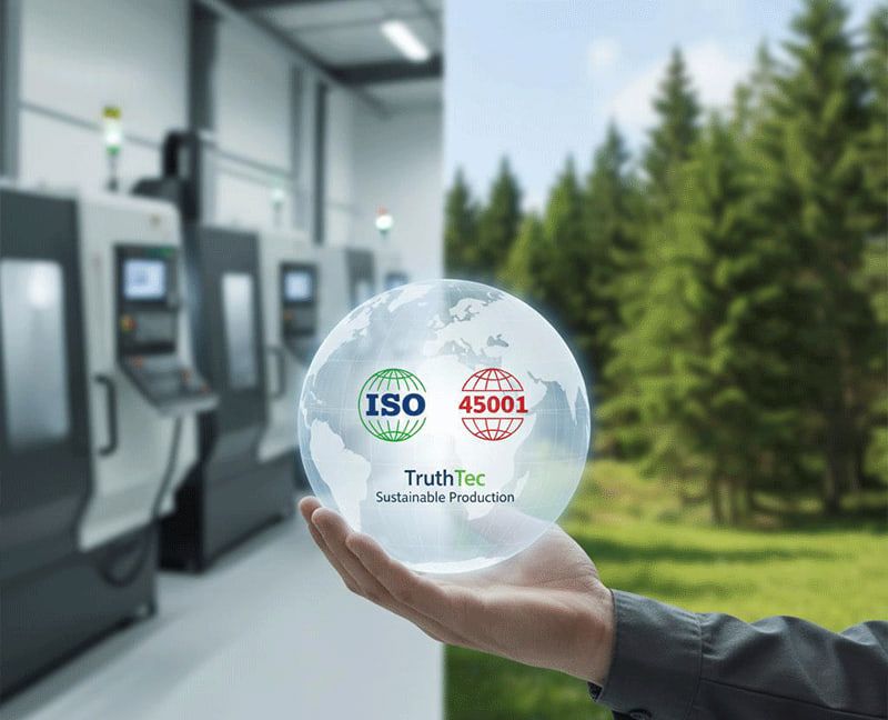 ISO 14001 ve ISO 45001 sertifika rozetleri, arka planda CNC atölyesi